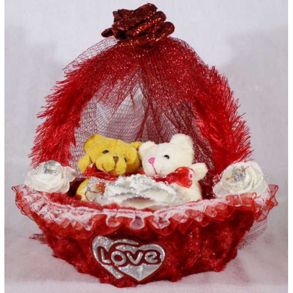 Beautiful Red Decorated Basket with Love Couple Teddy Bears